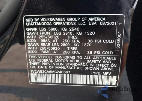 2021 Volkswagen Atlas Cross Sport 3.6L V6 Se W/Technology z USA, uszkodzony, nr VIN 1V2WE2CA6MC240667